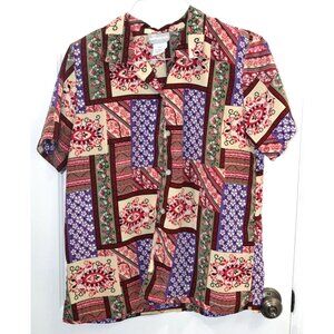 Swann Womens Front Button Closure Collared Patchwork Blouse Size Medium